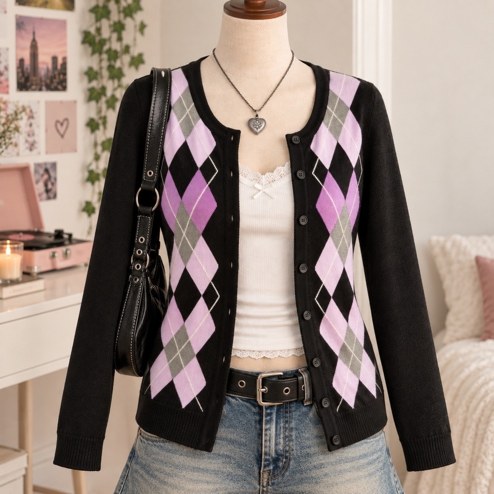 Y2K Girly Grunge Preppy Argyle Sweater Cardigan Sz S Twee Dark Academia Quirky